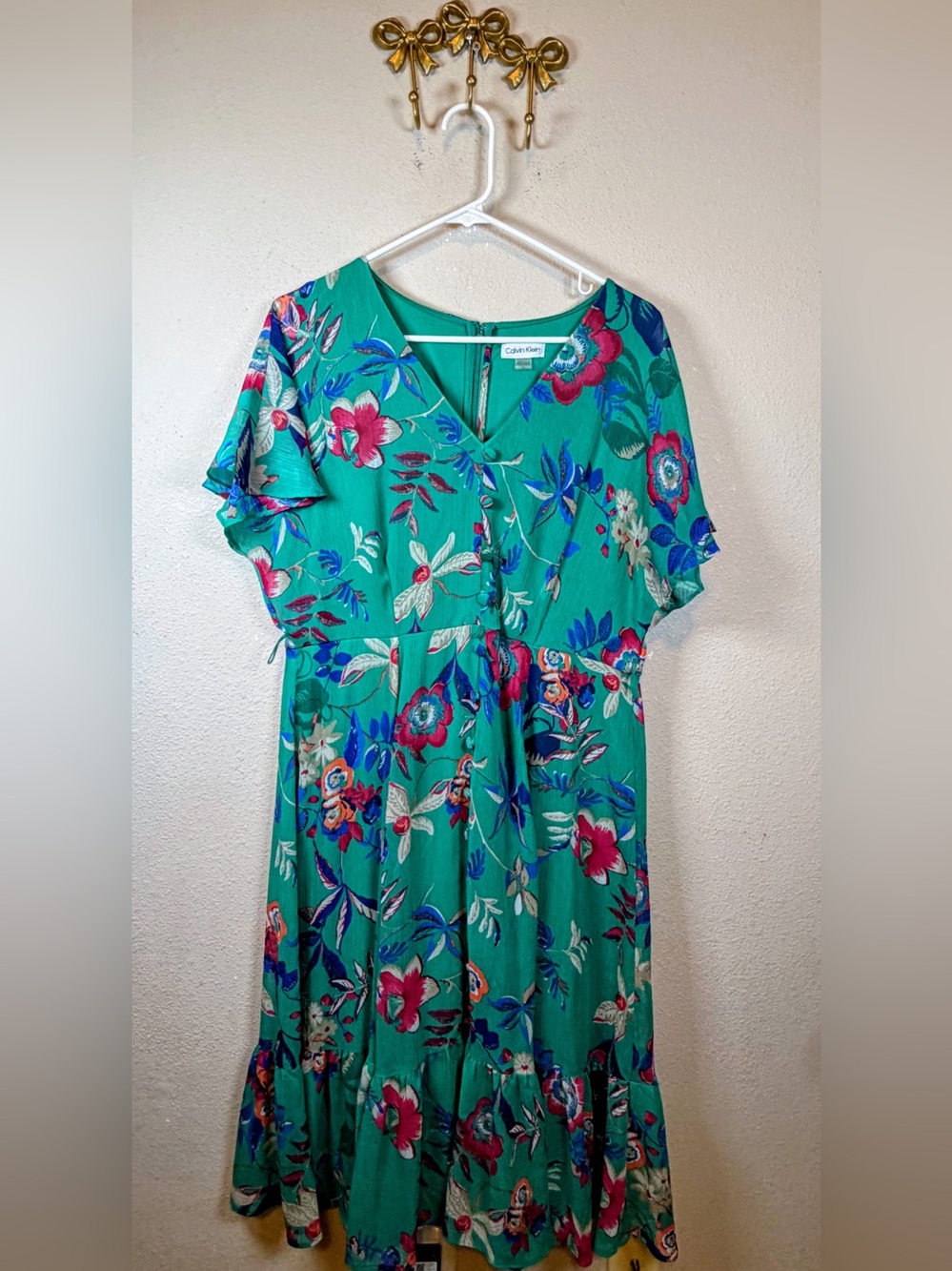 Calvin Klein Teal Floral Midi Dress with Multicolor Bloom Print. Size 14